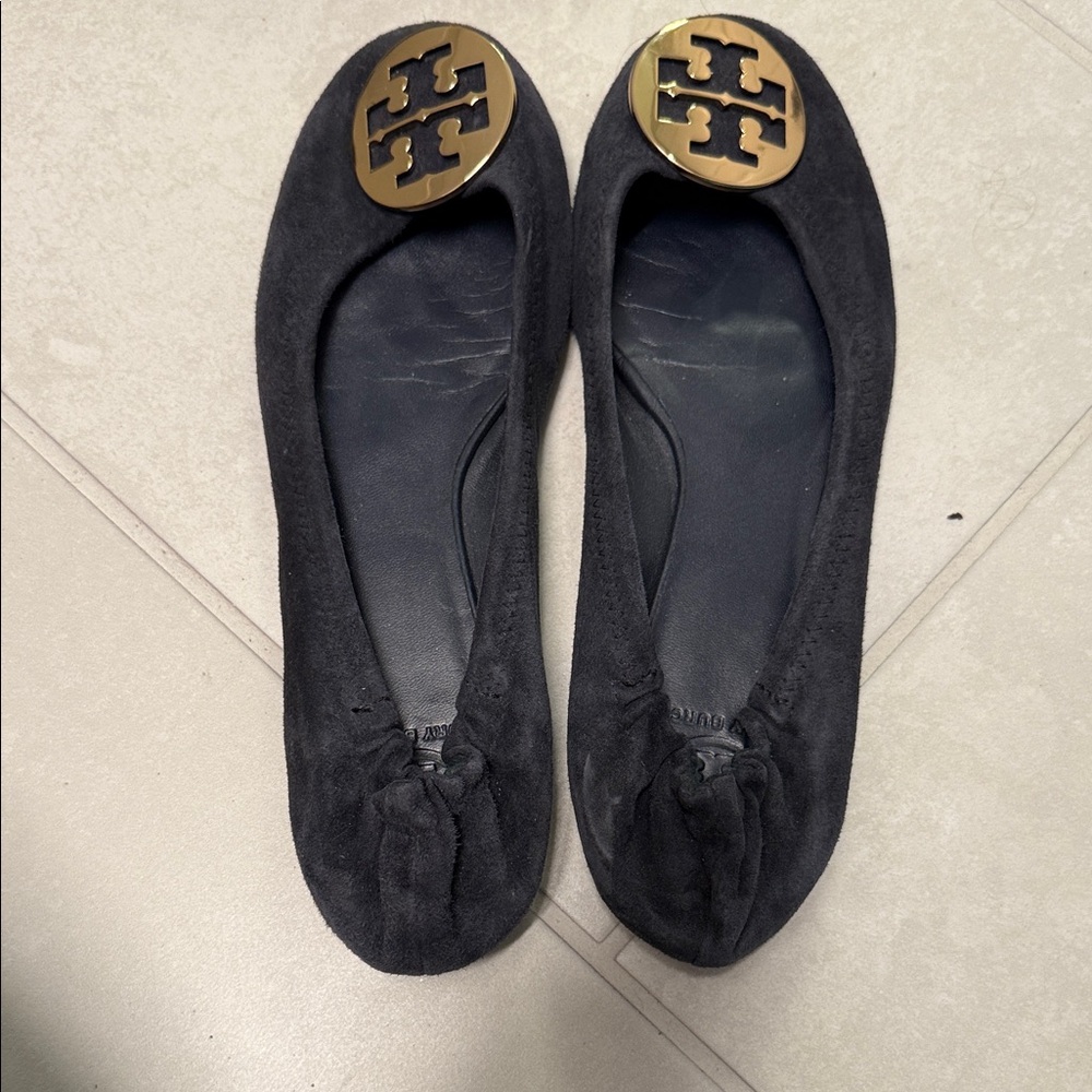 Tory Burch Black Suede Flats with Gold Logo